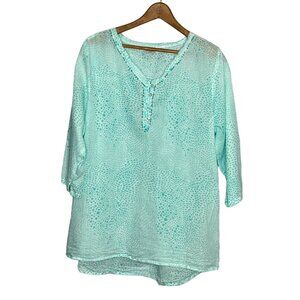 Paula Deen Store XL Aqua Blue White Wave Polka Dot Beaded Cotton Tunic Top Shirt